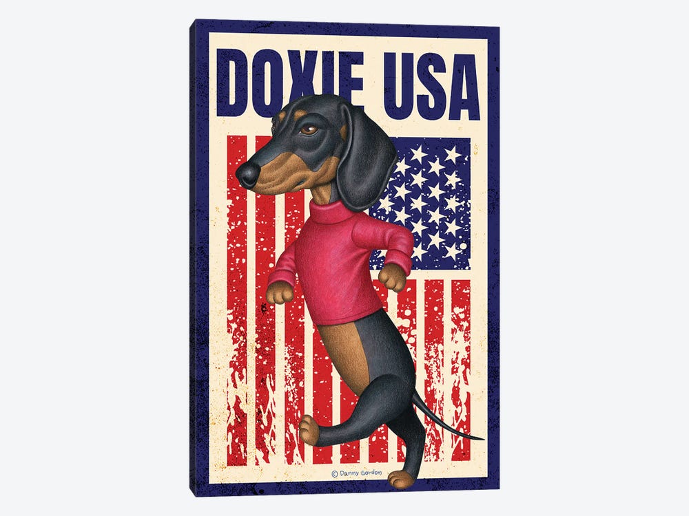 Black Dachshund Walking  Up USA Flag by Danny Gordon 1-piece Canvas Art