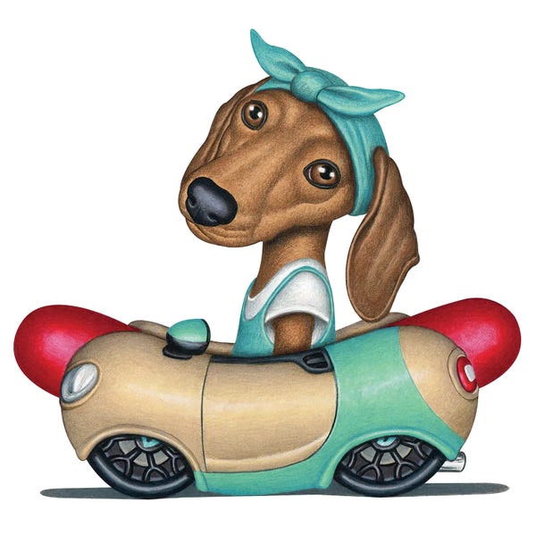 Dachshunds: Beatrice Dachshund Hot Dog Car by Danny Gordon