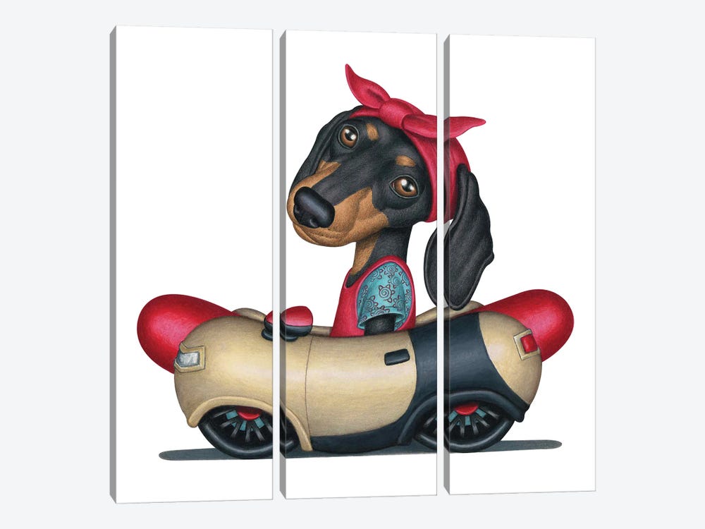 Piper Dachshund Hotdog Car by Danny Gordon 3-piece Canvas Art Print