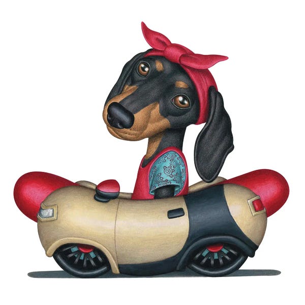 Dachshunds: Piper Dachshund Hotdog Car by Danny Gordon
