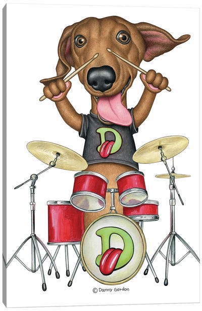 Rowdy the Dachshund Drummer Canvas Art Print - Drums Art