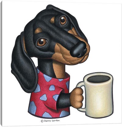 Dachshund Holding Coffee Mug Canvas Art Print - Danny Gordon