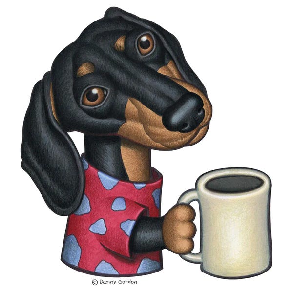 Fine Art Print: Dachshund Holding Coffee Mug by Danny Gordon