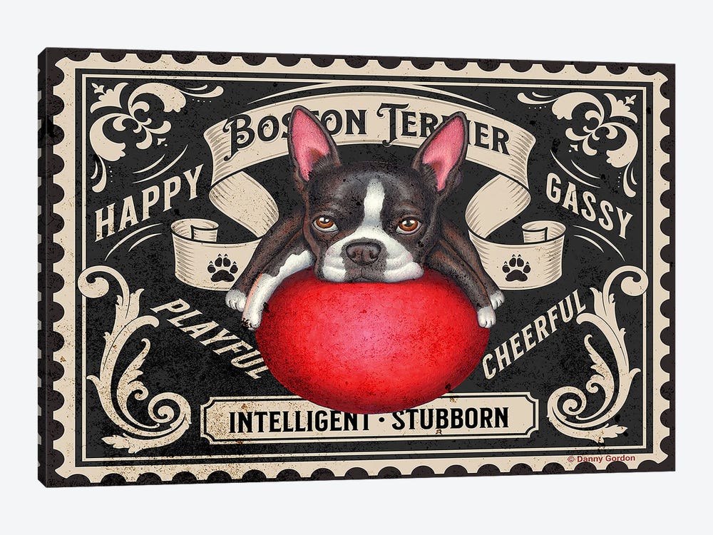Boston Terrier Red Ball Stamp by Danny Gordon 1-piece Canvas Art