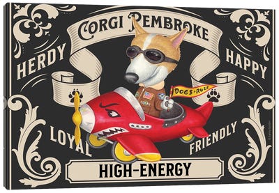 Corgi In Red Airplane Stamp Horizontal Canvas Art Print - Fashion Typography