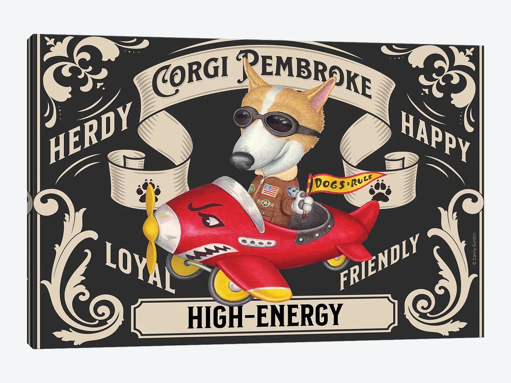 Corgi In Red Airplane Stamp Horizontal by Danny Gordon 1-piece Canvas Wall Art