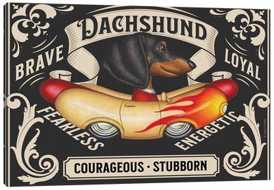 Black Dachshund Flame Wiener Car Stamp Horizontal Canvas Art Print - Dachshund Art