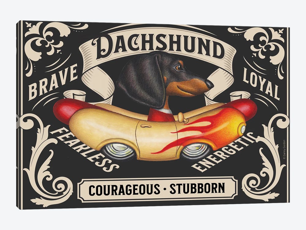 Black Dachshund Flame Wiener Car Stamp Horizontal by Danny Gordon 1-piece Canvas Print