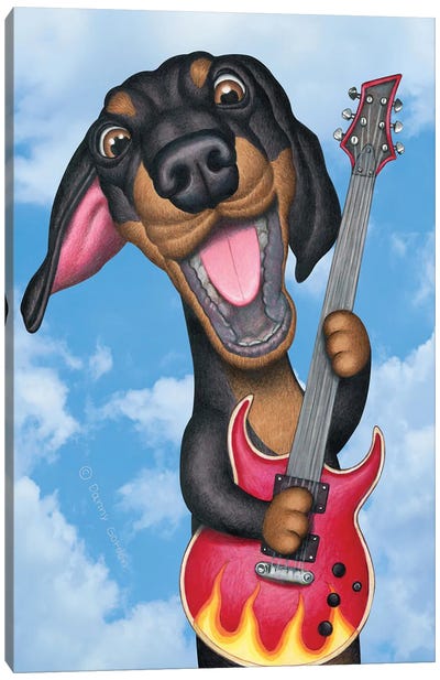 Black Dachshund Guitarist Sky Background Canvas Art Print - Danny Gordon