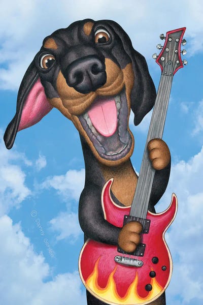 Dachshunds: Black Dachshund Guitarist Sky Background by Danny Gordon