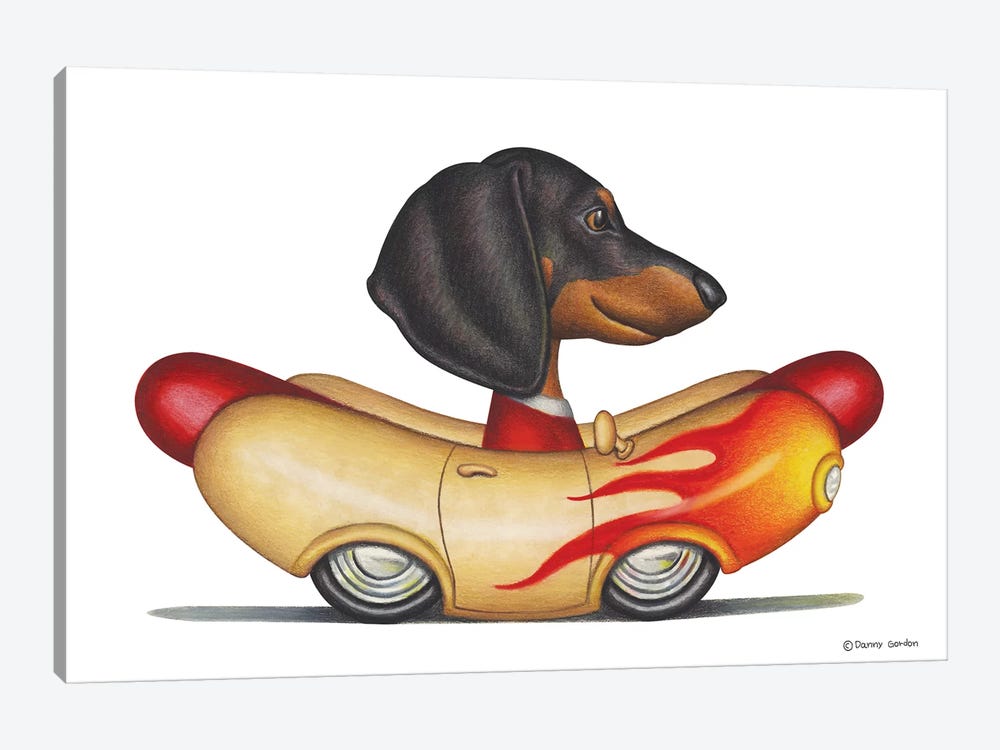 Dachshund Flaming Wienermobile by Danny Gordon 1-piece Canvas Print