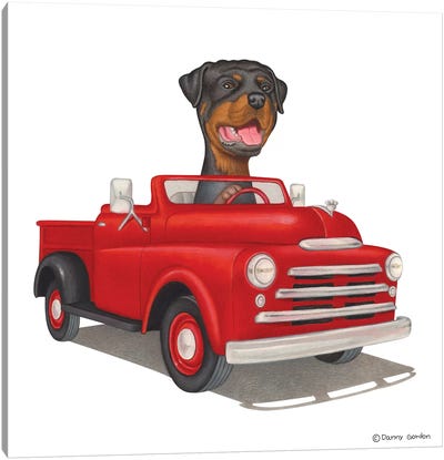 Rottweiler Red Truck Canvas Art Print - Trucks