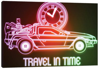 Neon Travel In Time Canvas Art Print - Back to the Future