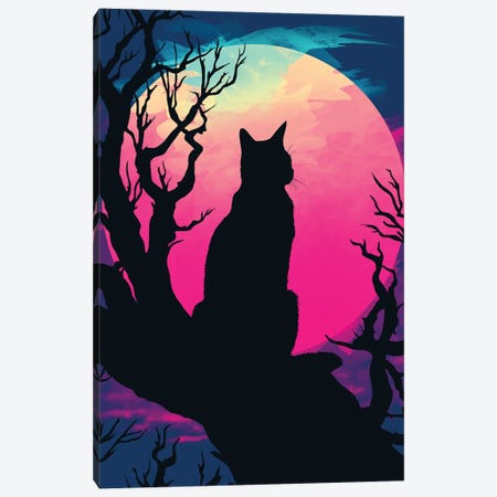 Cat Under The Moon Canvas Print #DOI640} by Denis Orio Ibañez Canvas Art
