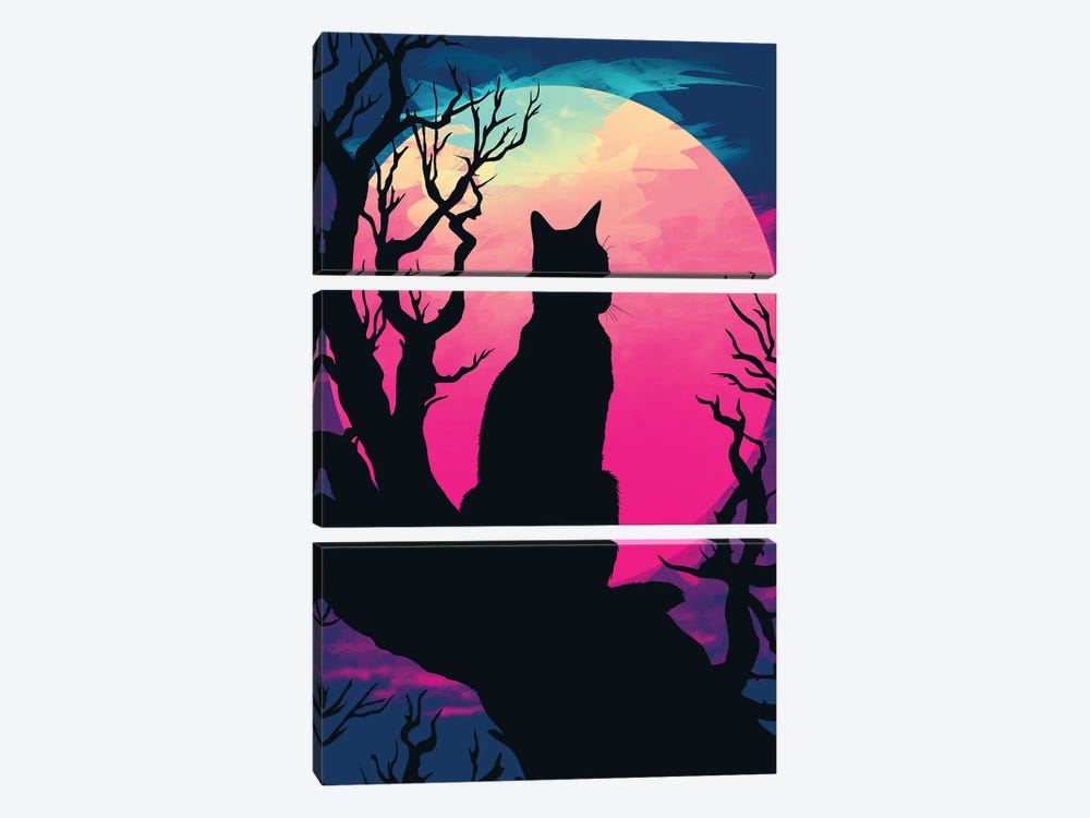 Cat Under The Moon by Denis Orio Ibañez 3-piece Canvas Art