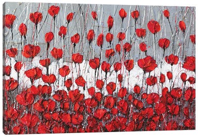 Poppies Landscape Canvas Art Print - Black, White & Red Art