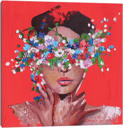 Woman With Flowers Canvas Art Print - Red Art