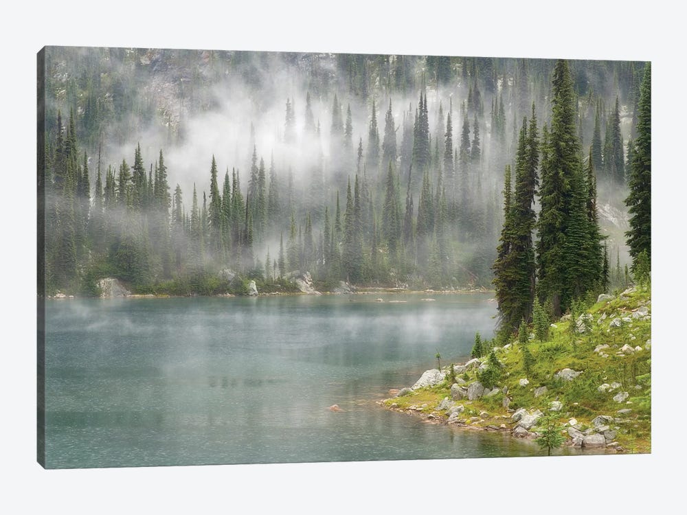 Fog & Rain Over Eva Lake, Mount Revelstoke National Park, British Columbia, Canada 1-piece Canvas Artwork