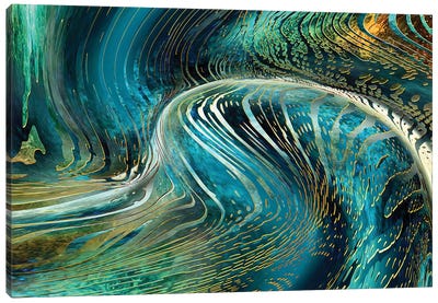 Underwater Wave Canvas Art Print - Blue & Gold Art