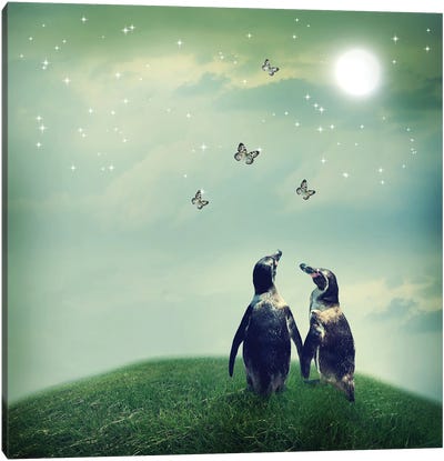 Penguin Couple In Fantasy Landscape Canvas Art Print - For Your Better Half