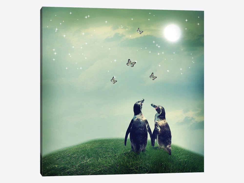 Penguin Couple In Fantasy Landscape by Melpomene 1-piece Art Print