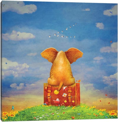 Elephant Sitting On The Suitcase On The Glade ,Illustration Art Canvas Art Print - Animal Collection