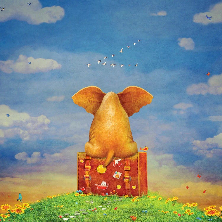 Elephant Sitting On The Suitcase On The Glade ,Illustration Art