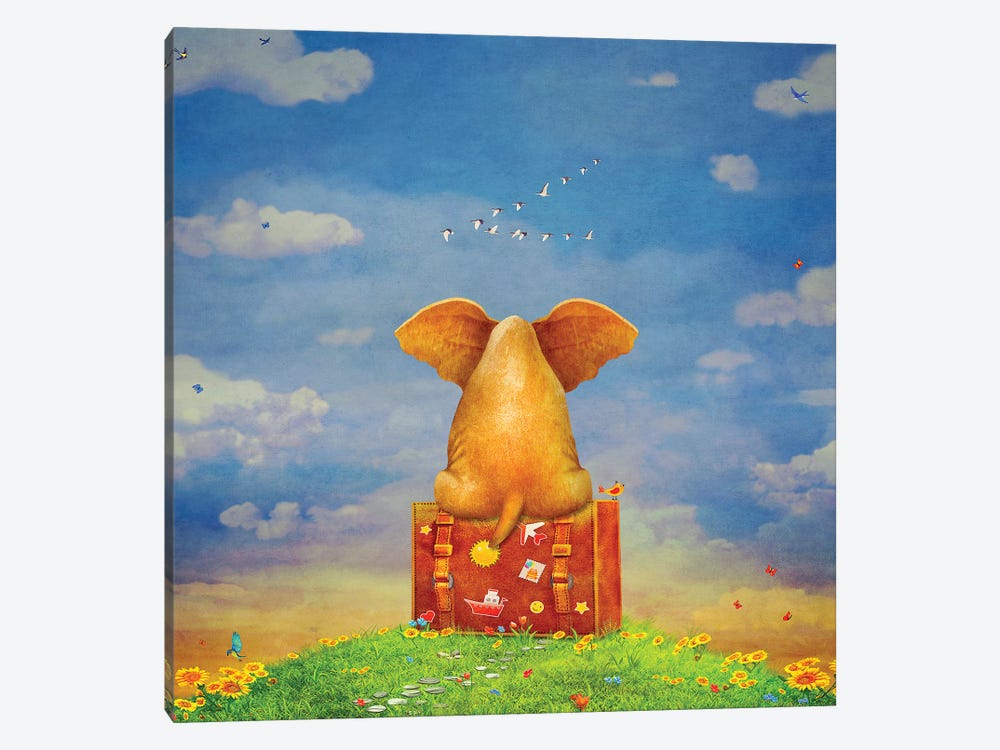 Elephant Sitting On The Suitcase On The Glade ,Illustration Art by natamc 1-piece Canvas Artwork