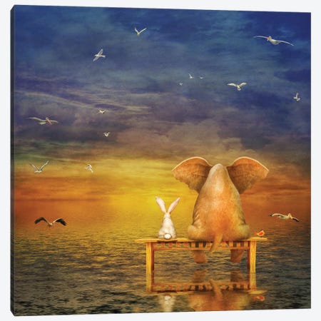 Elephant And Rabbit Sit On A Bench And Look At Sunrise Canvas Print #DPT129} by natamc Canvas Art