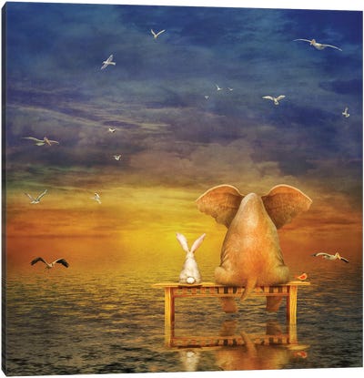 Elephant And Rabbit Sit On A Bench And Look At Sunrise Canvas Art Print - Animal Collection