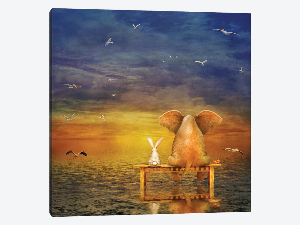 Elephant And Rabbit Sit On A Bench And Look At Sunrise by natamc 1-piece Art Print