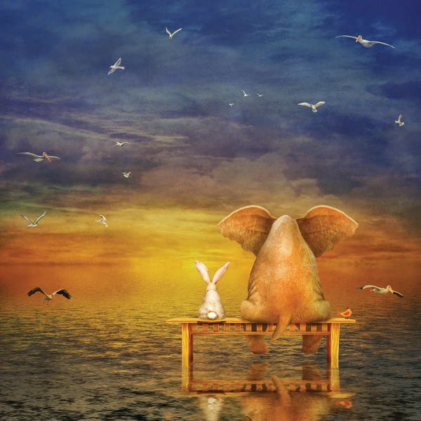 DepositPhotos: Elephant And Rabbit Sit On A Bench And Look At Sunrise by natamc