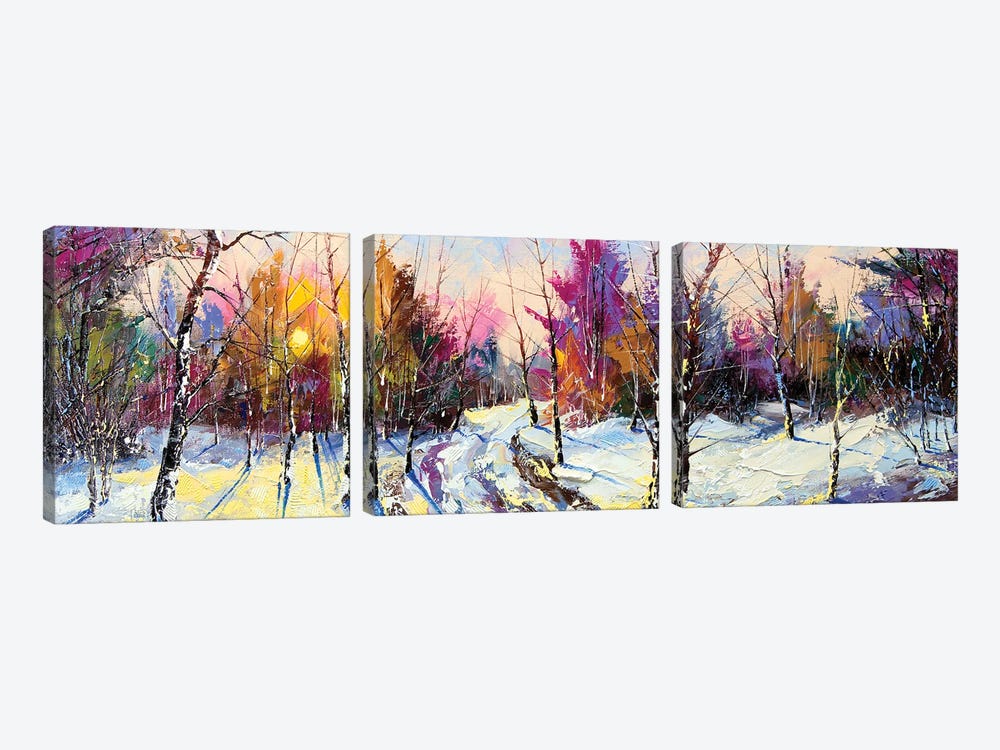 Sunset In Winter Wood by balaikin 3-piece Canvas Wall Art