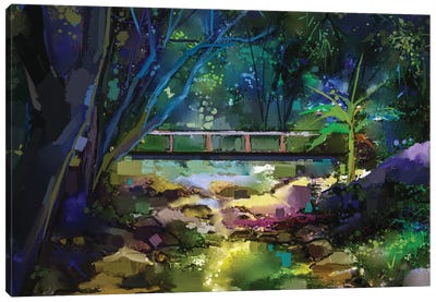 Wooden Bridge Over Creek In Forest Canvas Art Print