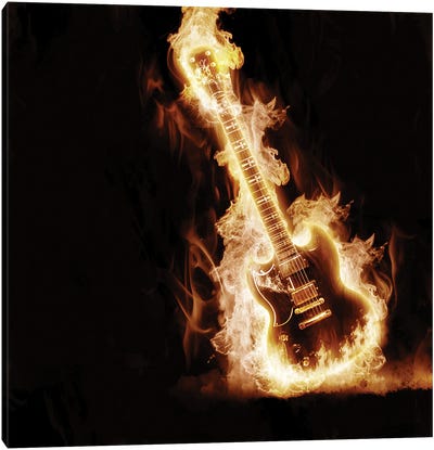 Electronic Guitar Enveloped In Flames Canvas Art Print - Music Collection