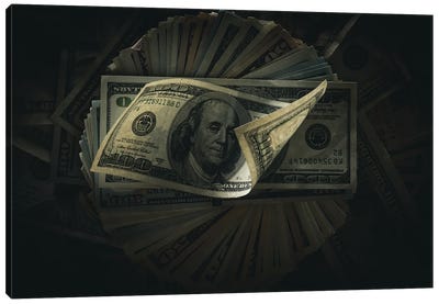 One Hundred Dollar Banknotes On Dark Canvas Art Print - Money Collection