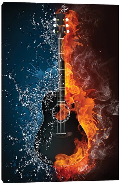 Acoustic Guitar Fire And Water Canvas Art Print - Music Collection
