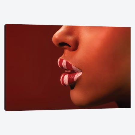 Close-Up Of Beautiful Female Face With Red And White Striped Lips Canvas Print #DPT316} by VitalikRadko Canvas Art
