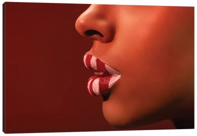 Close-Up Of Beautiful Female Face With Red And White Striped Lips Canvas Art Print