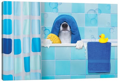 Dog In Shower I Canvas Art Print - Bathroom Humor Art