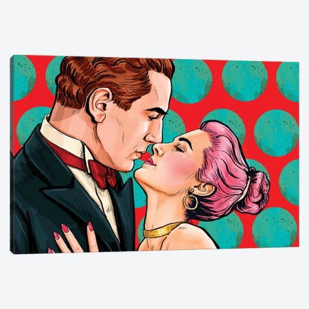Love Couple Looking Into Each Others Eyes In Pop Art Style. Vintage Man And Woman Are Kissing And Hugging Canvas Print #DPT398} by Depositphotos Canvas Art Print