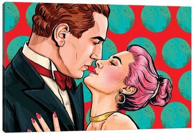 Love Couple Looking Into Each Others Eyes In Pop Art Style. Vintage Man And Woman Are Kissing And Hugging Canvas Art Print