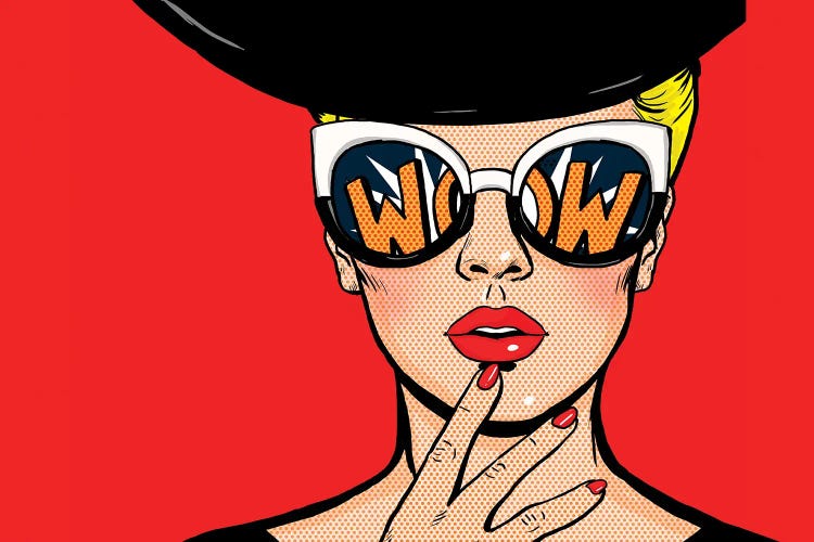 Pop Art Thinking Woman In Black Hat In Glasses.Wow Female Face.Saxy Amazed Yong Girl With Open Mouth by Depositphotos wall art
