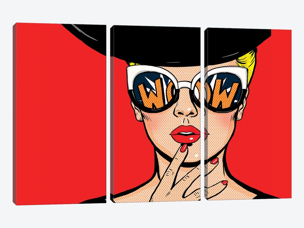 Pop Art Thinking Woman In Black Hat In Glasses.Wow Female Face.Saxy Amazed Yong Girl With Open Mouth by Depositphotos 3-piece Canvas Print
