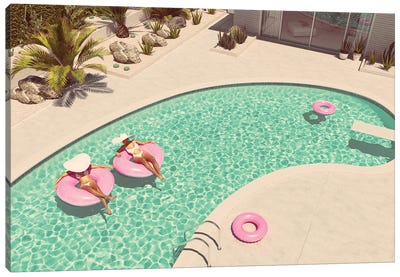 Women Swimming On Float In A Pool. 3D Rendering Canvas Art Print - Sports Art