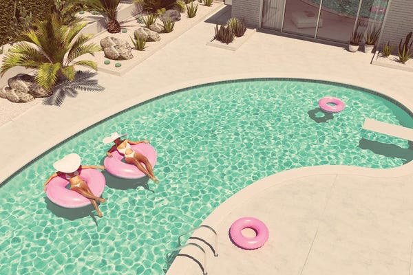 Large Photography - Canvas Prints: Women Swimming On Float In A Pool. 3D Rendering by 2mmedia
