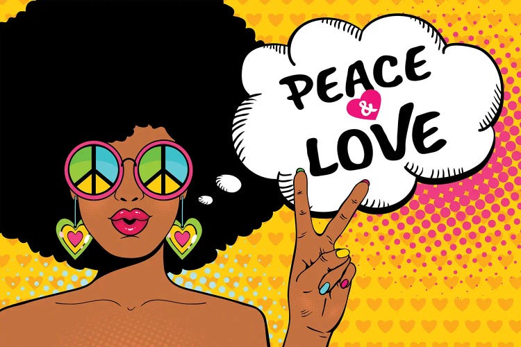 Wow Female Face. Sexy African American Hippie Woman In Glasses With Pacific Sign Shows Victory Sign by Depositphotos wall art