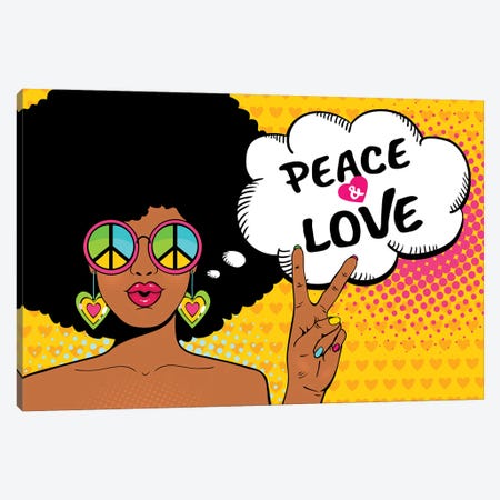 Wow Female Face. Sexy African American Hippie Woman In Glasses With Pacific Sign Shows Victory Sign Canvas Print #DPT414} by Depositphotos Canvas Art Print