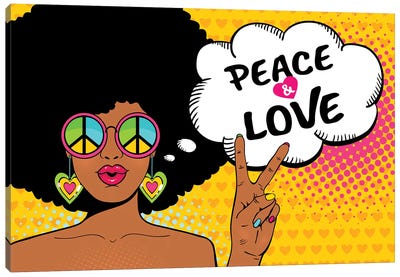 Wow Female Face. Sexy African American Hippie Woman In Glasses With Pacific Sign Shows Victory Sign Canvas Art Print