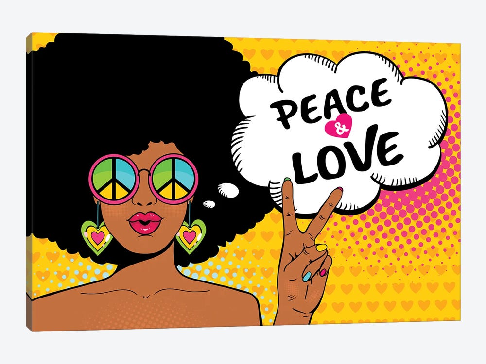 Wow Female Face. Sexy African American Hippie Woman In Glasses With Pacific Sign Shows Victory Sign by Depositphotos 1-piece Art Print